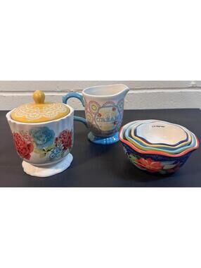 Pioneer Woman Sugar And Creamer With Measuring Cup Set Mixed Lot Colorful Nice